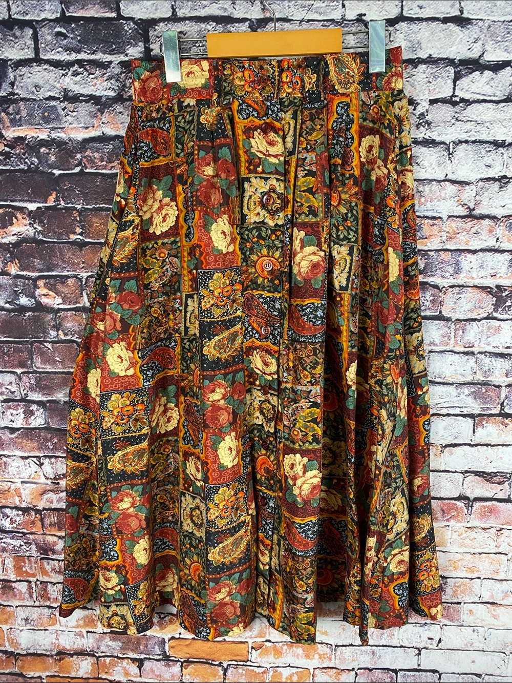 Vintage 100% Silk Patchwork Floral Multi Colour Boho Midi Skirt Sz M - Picture 3 of 11